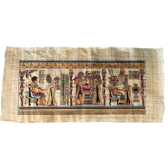 King of Egypt Tutankhamun and His Wife Queen of Egypt Ankhesenamun Scenes, Extra Large Rectangle Papyrus Painting, 36x16 Inches, 93x43 cm