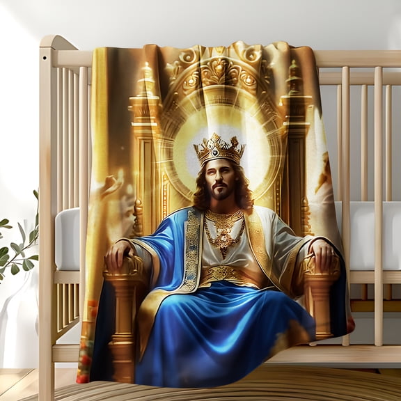 King of Glory Jesus Flannel Blanket - Majestic Throne, Crown & Blue Robes for Devotional Comfort