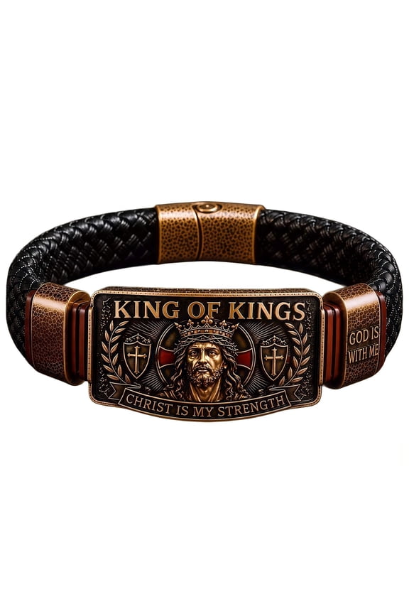 King of Kings Faith Bracelet for Men Braided Leather Christian Wristband Adjustable Religious Jewelry Gift for Husband Dad GOD IS WITH ME Wristband