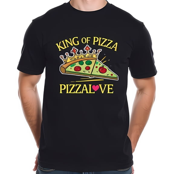 King of Pizza Cotton Short Sleeve T-Shirt with Whimsical Cartoon Pizza & PIZZALOVE Design