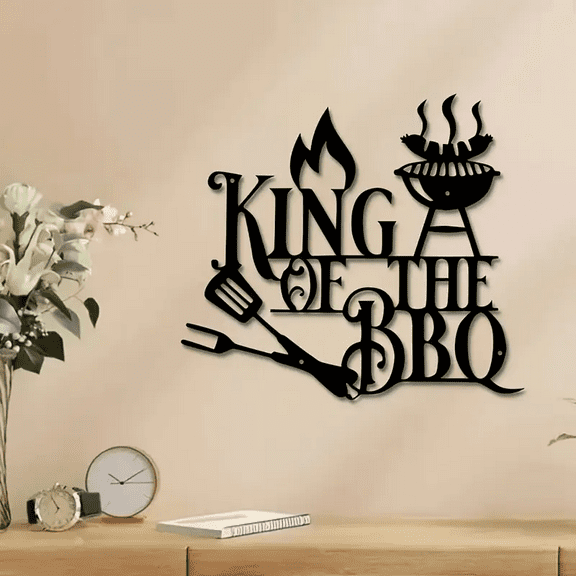 King of the BBQ Metal Wall Art, Rustic Iron Grill & Flame Decor