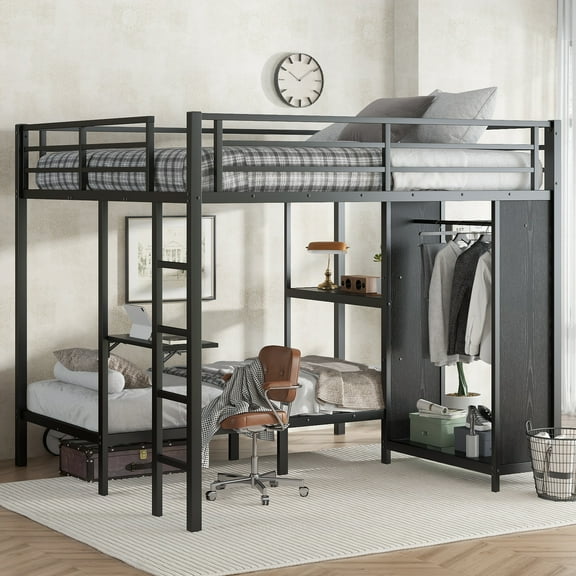 King over Twin XL Bunk Bed, Metal Bunk Bed Frame with Built-in Wardrobe and Foldable Desk,Space-Saving/Noise Reduced, Black