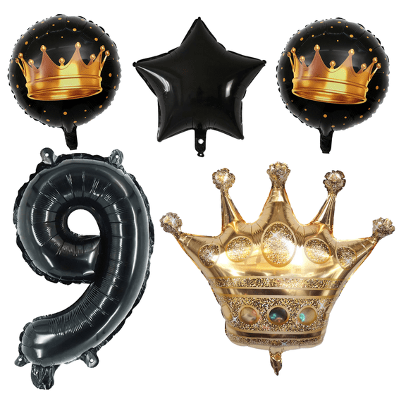 King's 9th Birthday Party Foil Balloons Black Gold Crown Set