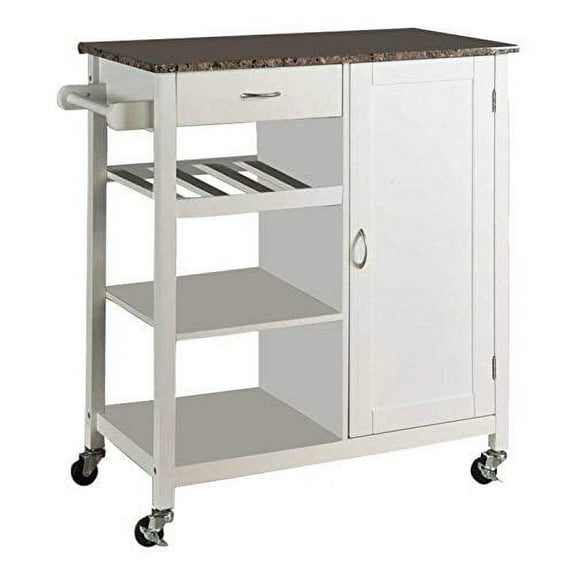 King's Brand White Finish Wood & Marble Finish Top Kitchen Storage Cabinet Cart
