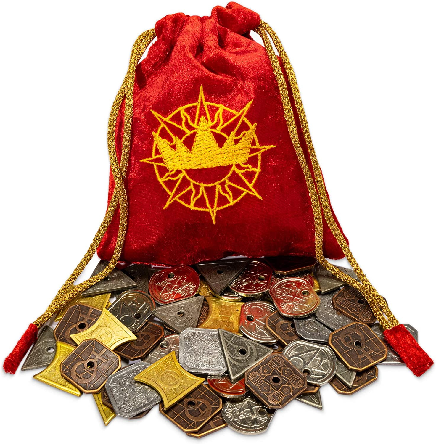 King's Coffers: 5e Compatible Roleplaying Coins & Pouch - 60 Metal Pieces,  5 Denominations - Tabletop RPG & Strategy Board Game Fantasy D&D Currency &  Treasure for GMS & Players - TTRPG Accessories Vi 