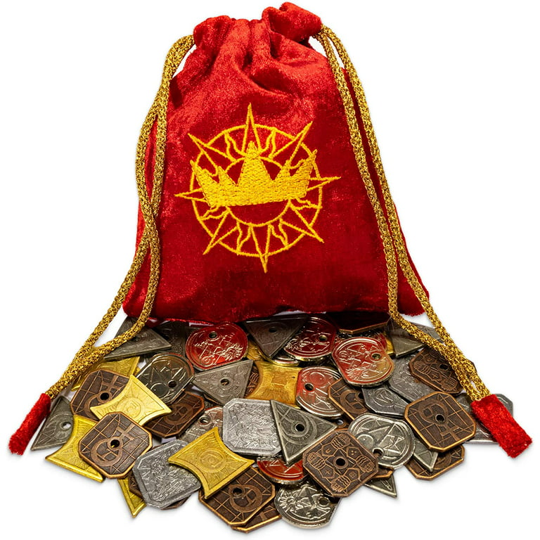 King's Coffers: 5e Compatible Roleplaying Coins & Pouch - 60 Metal Pieces,  5 Denominations - Tabletop RPG & Strategy Board Game Fantasy D&D Currency &  Treasure for GMS & Players - TTRPG Accessories Vi 