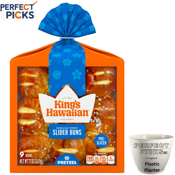 King's Hawaiian Pretzel Pre-Sliced Slider Buns, 9 Count, 11 oz, Shelf-Stable, Include 1 Plastic Planter