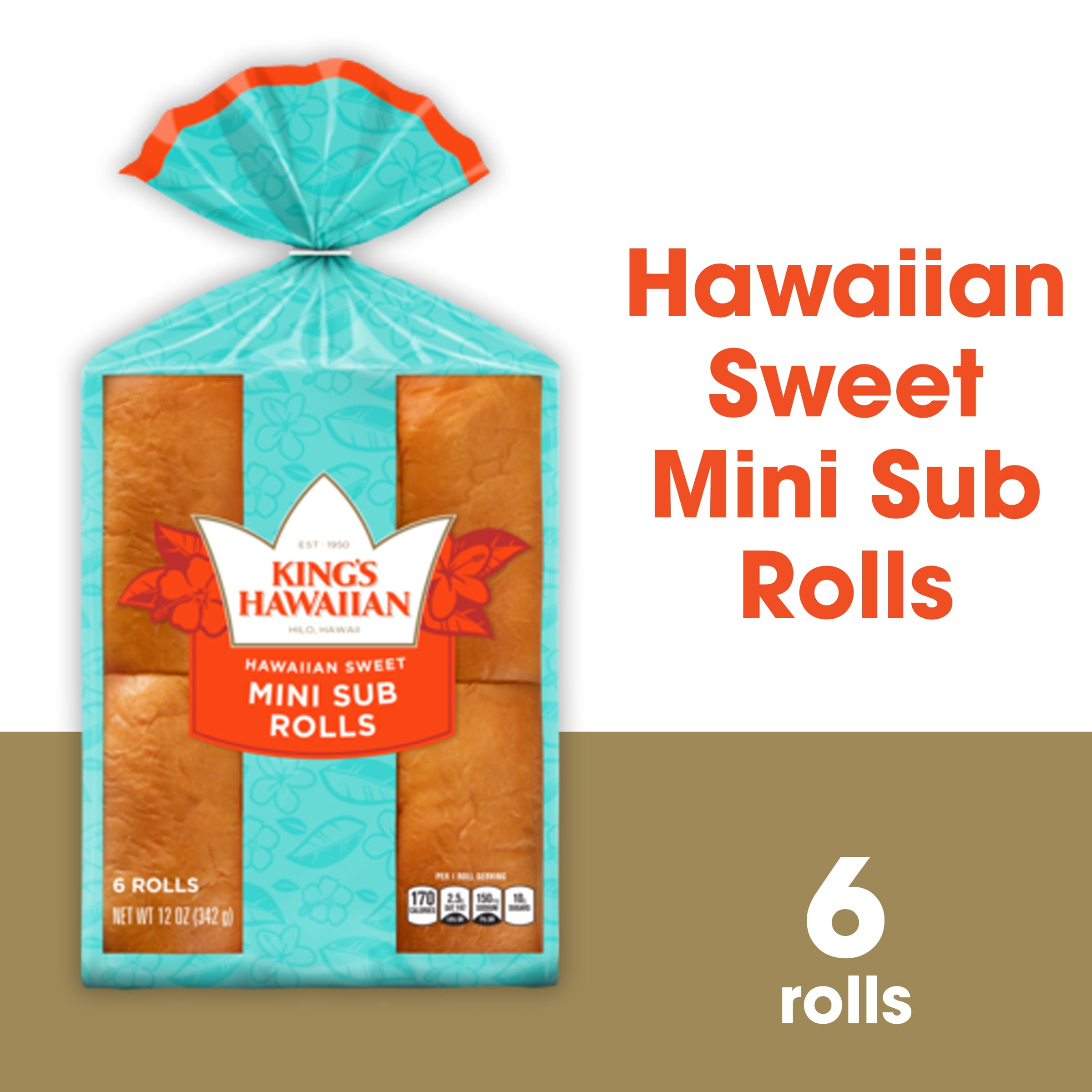 King's Hawaiian Sweet Mini Sub Rolls, 6 Count, 12 oz