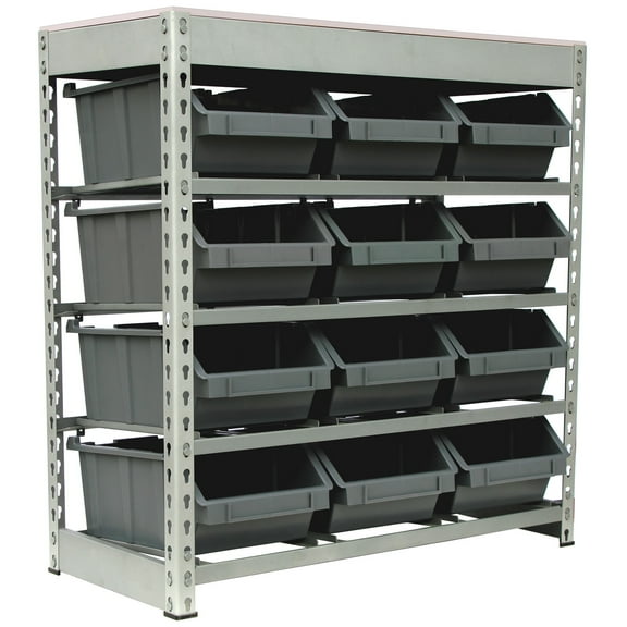 King's Rack 4-Tier Metal Organizer Shelving Rack with 12 Bins in Gray