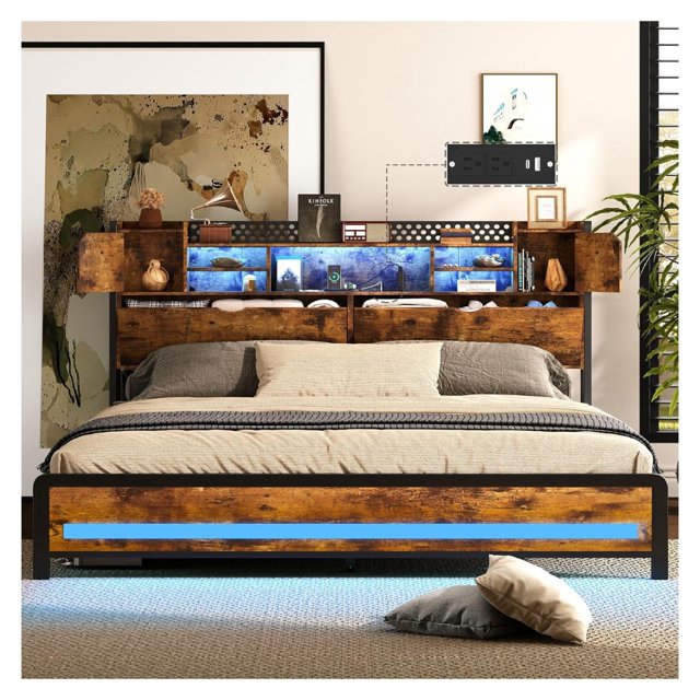 King size Bed Frame with Charging Station(TypeC & USB ports