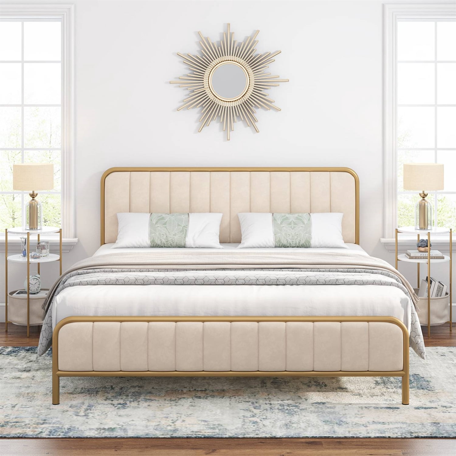 King size Gold Metal Platform Bed Frame with Off-White Upholstered ...