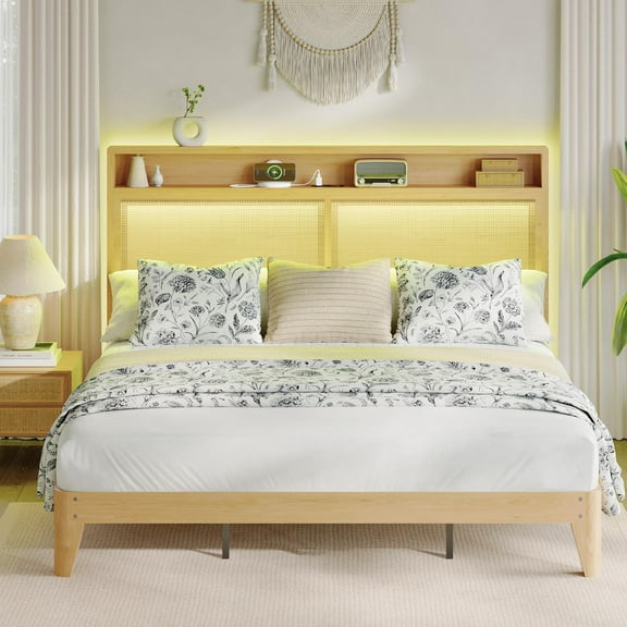 King size Rattan Bed Frame with LED Lights & Charging Station, Bohemian Rattan Bed Frame with 2 Tier Storage , Solid Wood Foundation, Silent Slats