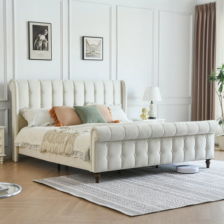 King size Regal Chesterfield-Style Tufted Sleigh Bed with Textured Upholstery and Dark Wood-Effect Feet - No Box Spring Required ,Cream