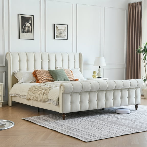 King size Regal Chesterfield-Style Tufted Sleigh Bed with Textured Upholstery and Dark Wood-Effect Feet - No Box Spring Required ,Cream