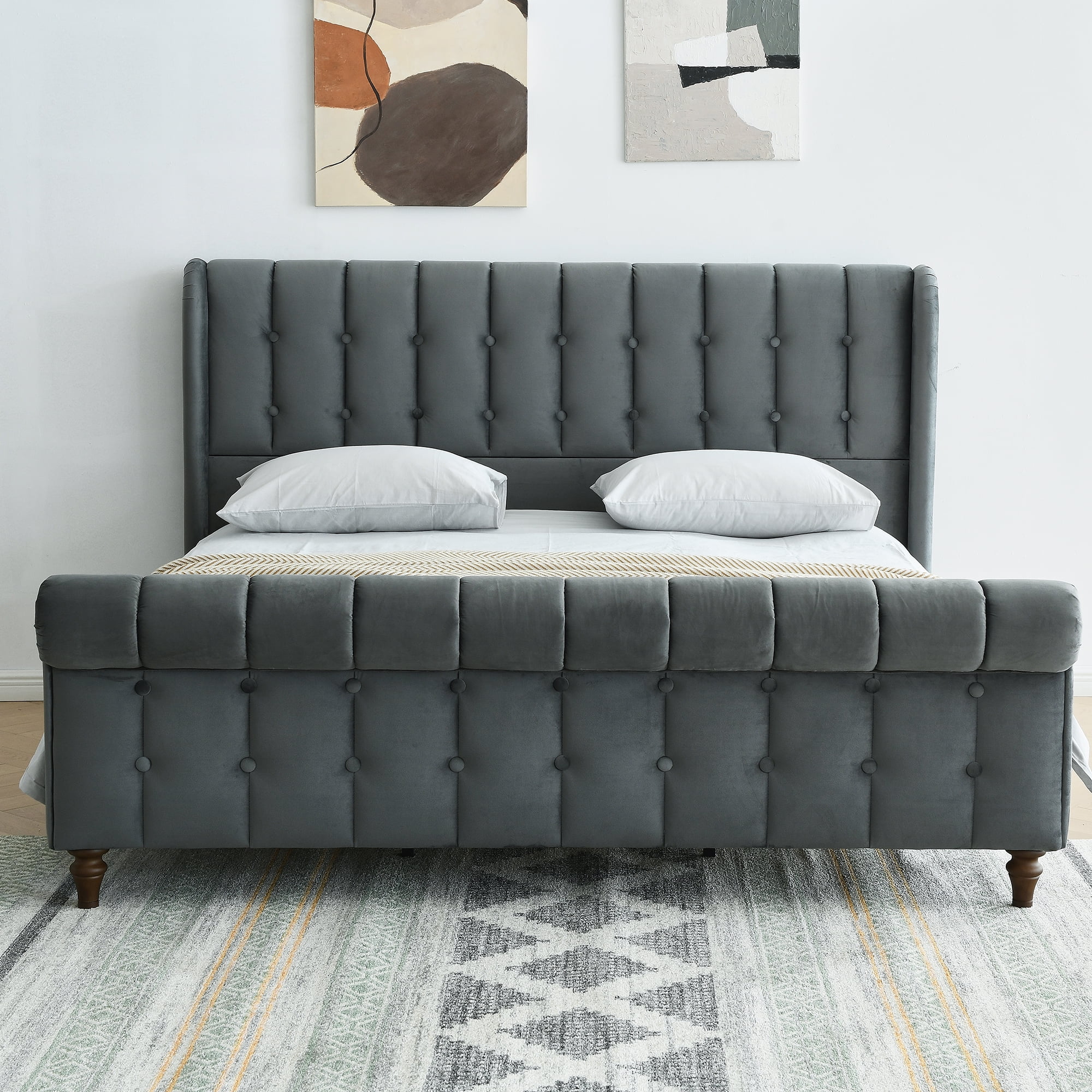 King size Regal Chesterfield Style Tufted Sleigh Bed with Textured Upholstery and Dark Wood Effect Feet No Box Spring Required Grey