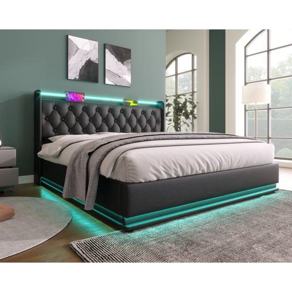 King size Upholstered bed, 360 surround LED function, Buttons/Apps/Remote Control, hydraulic storage bed with USB Type-C charging, Black, PU (Without mattress)