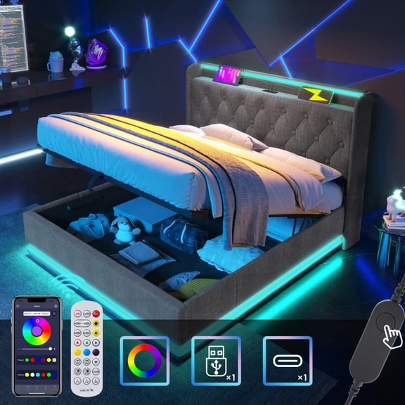 King size Upholstered bed having 360 LED & USB charging, Gray Linen, Hydraulic storage & Remote control function