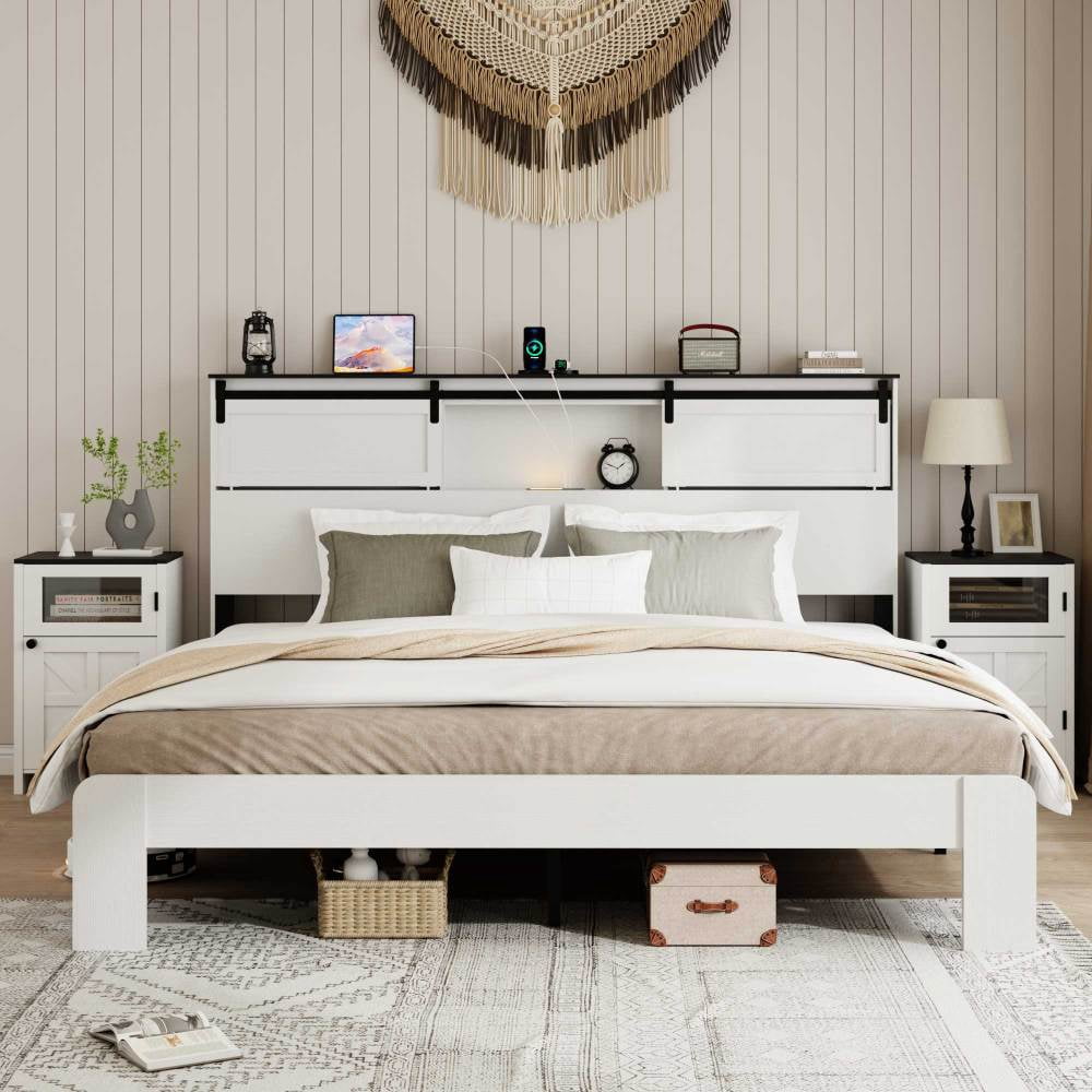 King size bed, metal bed frame with charging station, no need for box spring, (white), no noise, easy to assemble.