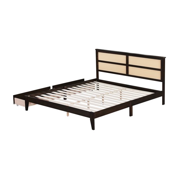 King size bed with rattan headboard and storage drawers for a bedroom that combines style and utility