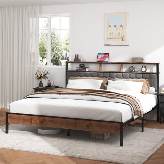King size bed, wooden platform bed frame, bedside with soft packaging and 2 USBs, no noise, no need for spring mattresses and simple assembly tools, large storage space under the bed, brown color