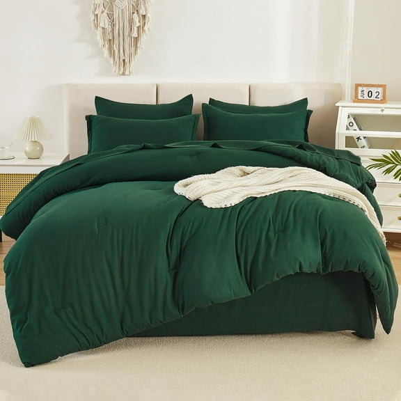 King size bed in a bag, 7 piece comforter set with sheets and pillow shams, lightweight solid bedding for king bed, dark emerald green