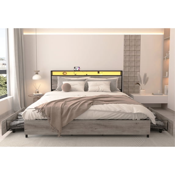 King - sized Bed Frame with Headboard Storage | Bedroom Display and Storage of Magazines | Quiet and Reliable