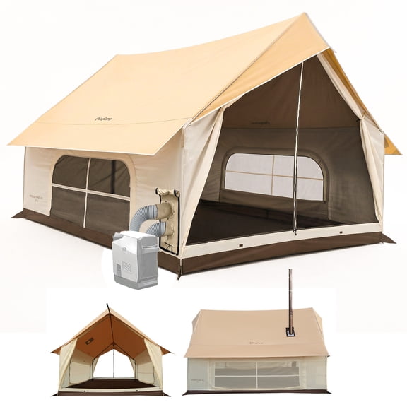 KingCamp Camping Tent, Glamping Tent, 6-10 Person Camping Tent with Skylight, Air Conditioner Port & Stove Jack, 2 Doors and 2 Windows, Large Tent for Family Camping, Waterproof & Easy Setup