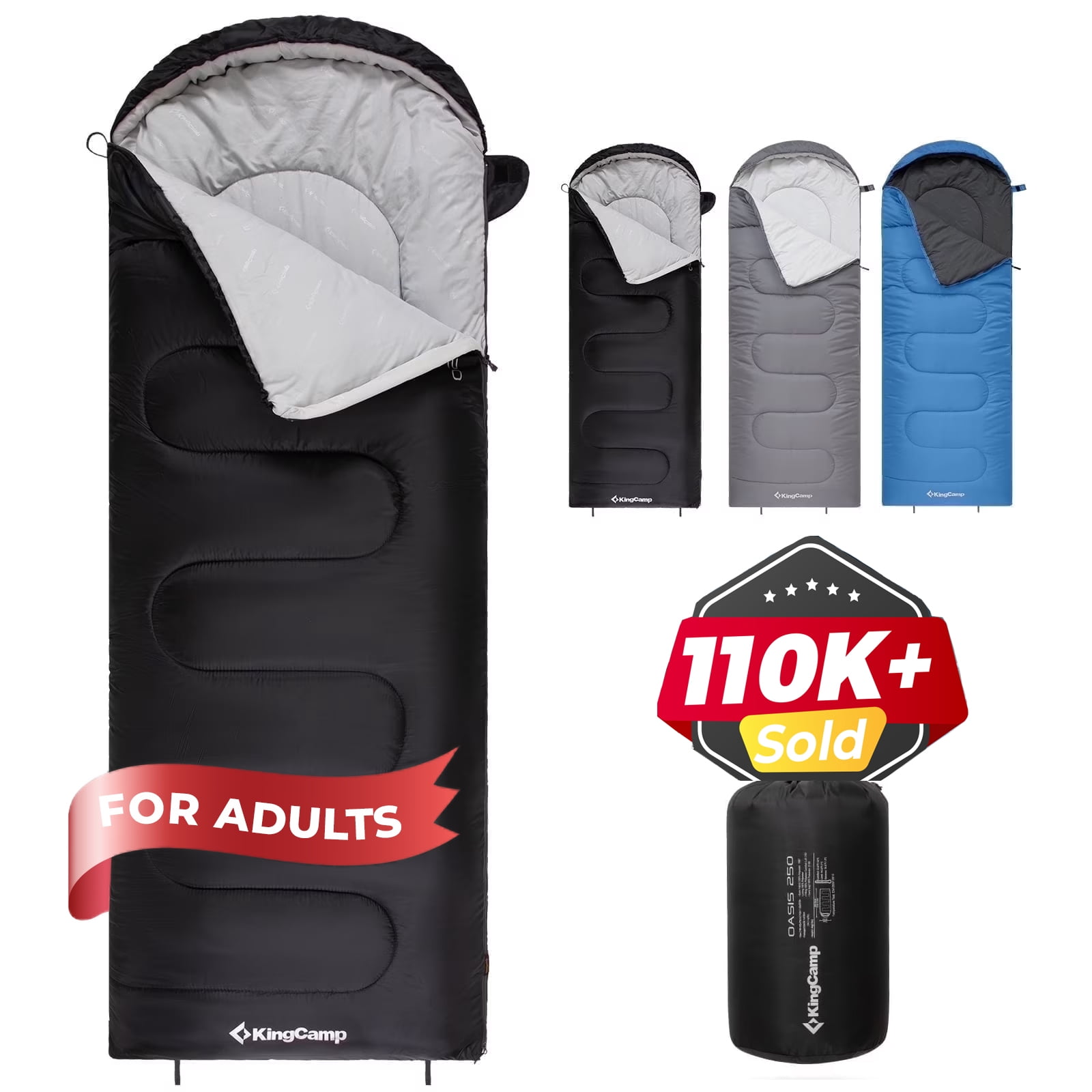 KingCamp 3-Season Sleeping Bags for Adult Lightweight Waterproof Sleeping Bag with Compression Sack for Camping, Backpacking, Travel (Black) 27°F-54°F