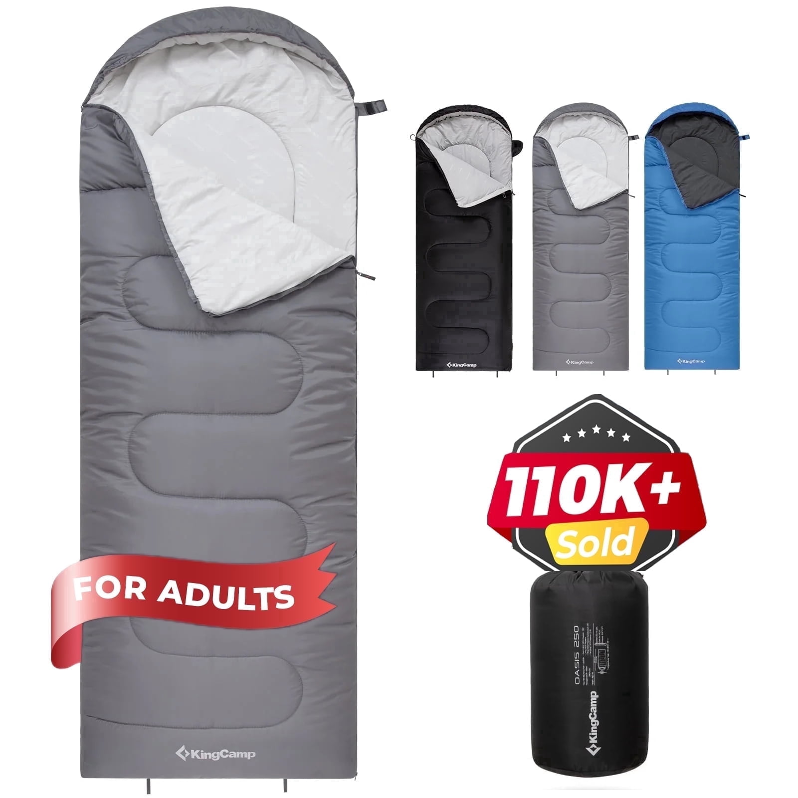 KingCamp 3-Season Camping Sleeping Bags, Portable Single Sleeping Bag for Adults, Lightweight & Waterproof Hooded Sleep Bag, 27°F-54°F, Right Zip