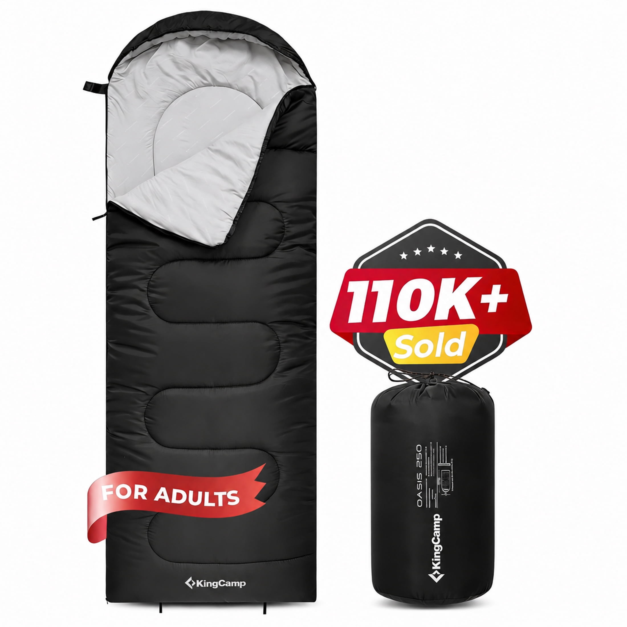 KingCamp Sleeping Bag for Adults - Warm & Cool Weather Compact Sleeping Bags, Camping, Backpacking, Traveling, Hiking Must Haves (Black) 3.09 lbs