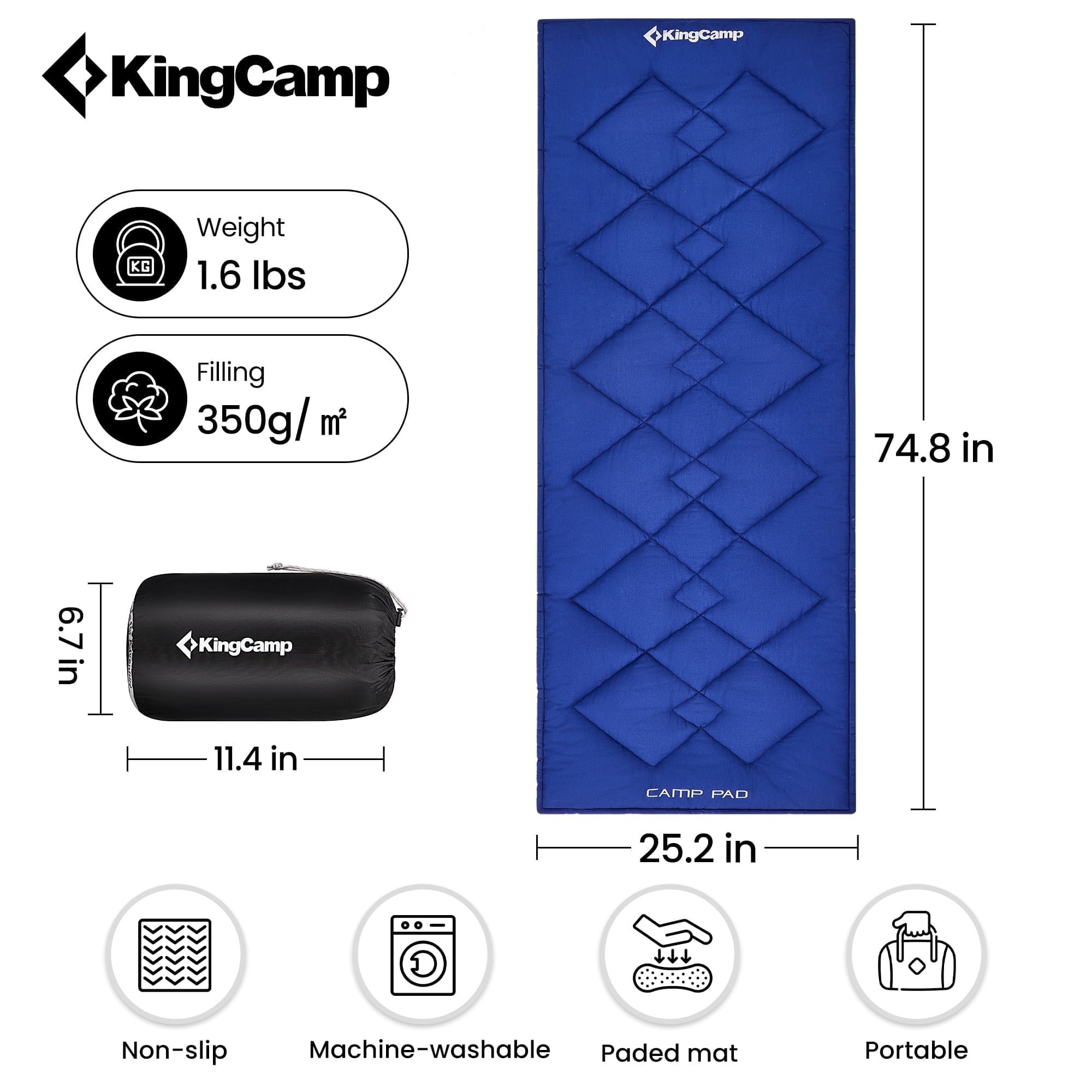 KingCamp Portable Camping Sleeping Pad, Nonslip Cotton Cot Pad for Outdoor & Indoor, Lightweight Camp Mattress Pad with Waterproof Bottom, Navy