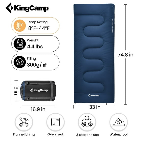 KingCamp Cotton Flannel Adult Sleeping Bag Rectangular Navy XL Sleep Bags for Camping Hiking,8℉ - 44℉ One Person Sleeping Bag, 74.8"X 33"