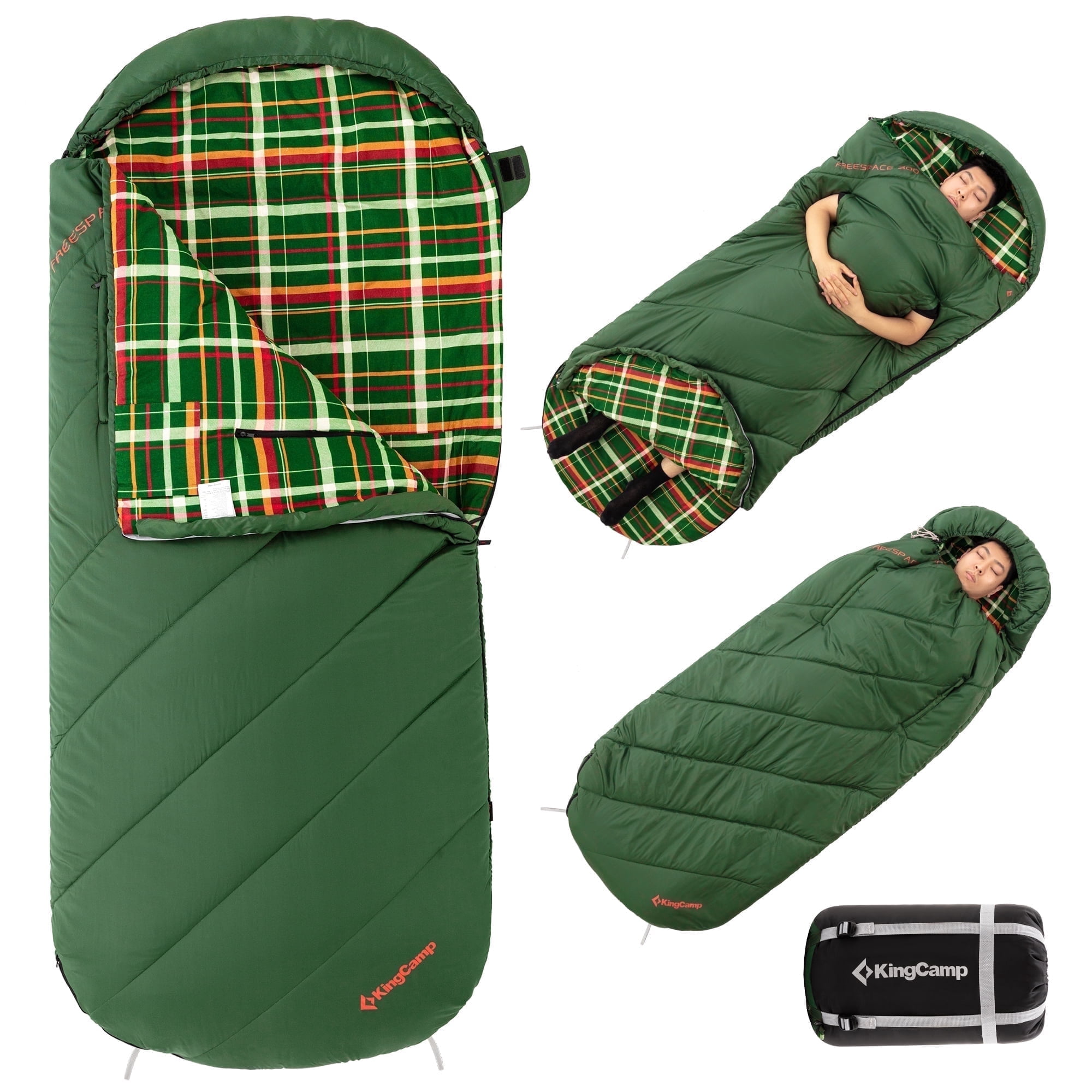 KingCamp Flannel Adults Sleeping Bag with Armhole, Oversized Camping Sleeping Bag , Wearable  Single Sleeping Bags with Cotton Flannel Lining , 9°F-44°F, Green