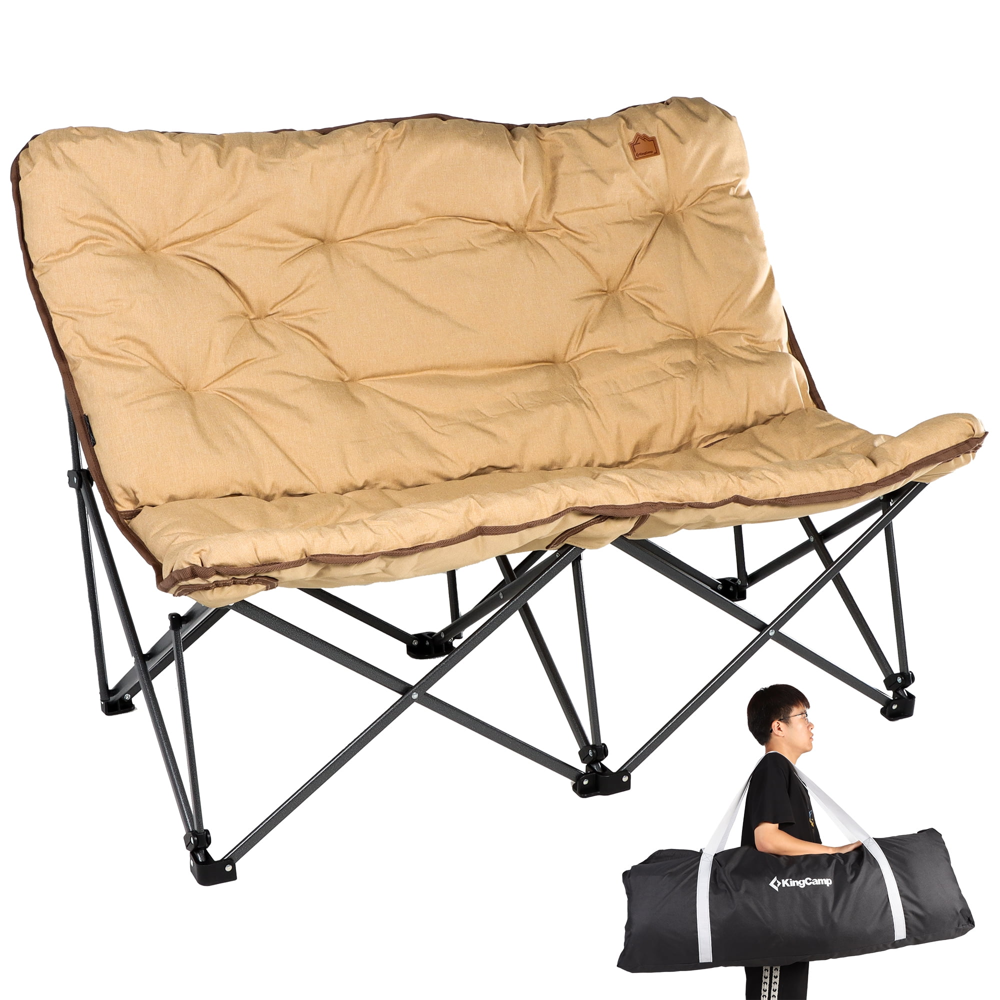 KingCamp Loveseat Portable Adult Double Camping Chair Folding Lawn Supports 600lbs Khaki Walmart