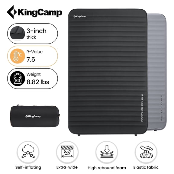 KingCamp Double Self-Inflating Sleeping Pad - 7.5 R-Value Pro 3D Air Mattress, Waterproof Lightweight Portable Design for Camping & Travel (79.1" x 50.4" x 3.0", Black)
