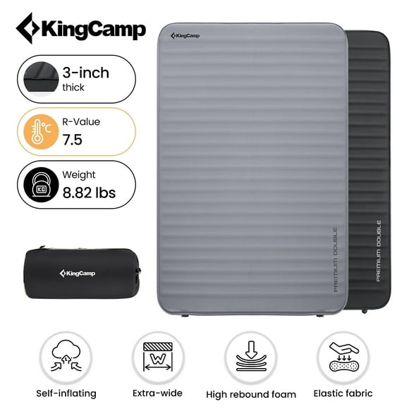 KingCamp Double Self-Inflating Sleeping Pad - 7.5 R-Value Pro 3D Air Mattress, Ultra-Warm & Waterproof, Lightweight Portable Design for Camping, Backpacking & Travel (79.1" x 50.4" x 3.0", Grey)