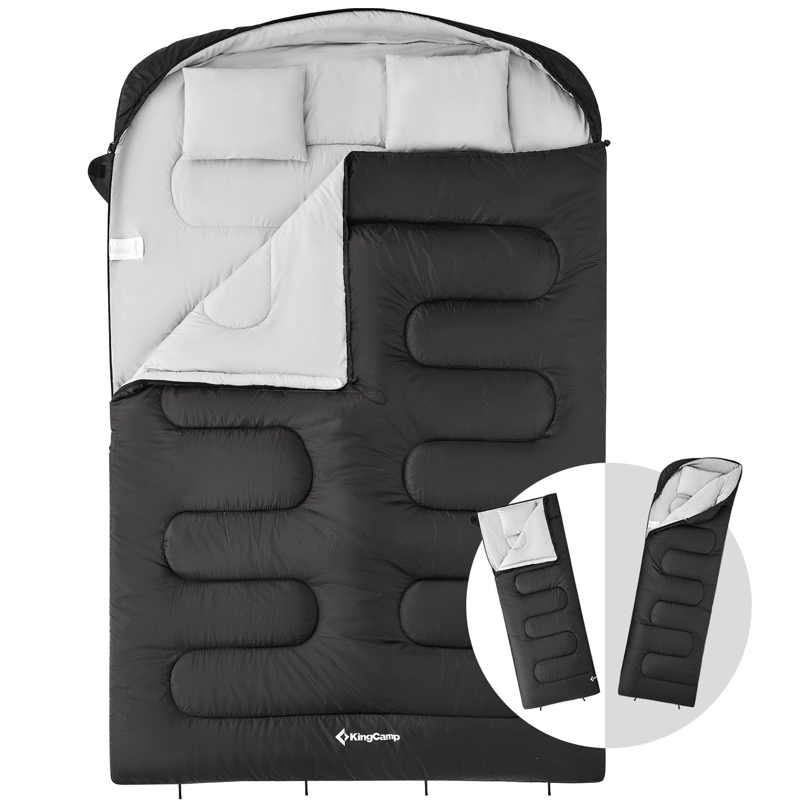 KingCamp Dual Size Double Sleeping Bag with 2 Pillows, Waterresistant, 3 Season for Adult