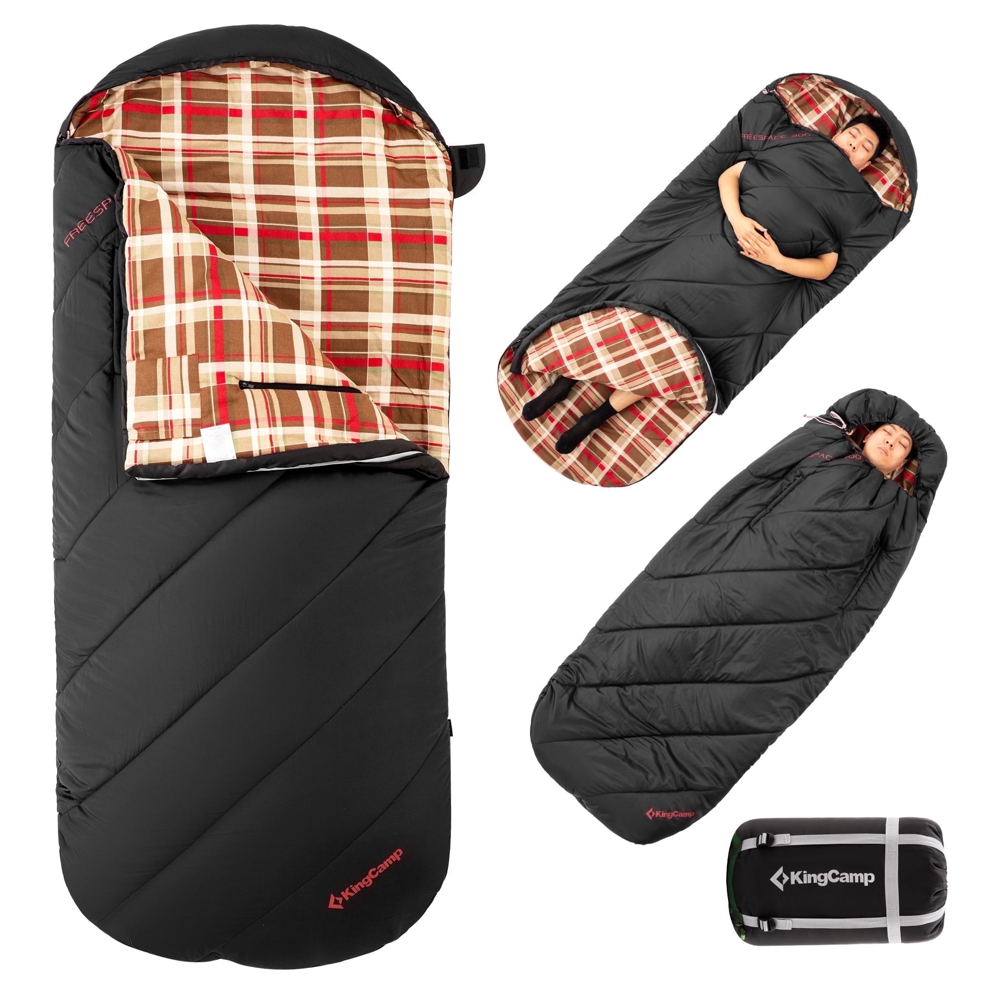KingCamp Oversized Flannel Sleeping Bag for Adults, Portable Single Sleeping Bags for Camping with Flannel Lining & Armhole , 9°F-44°F, Black