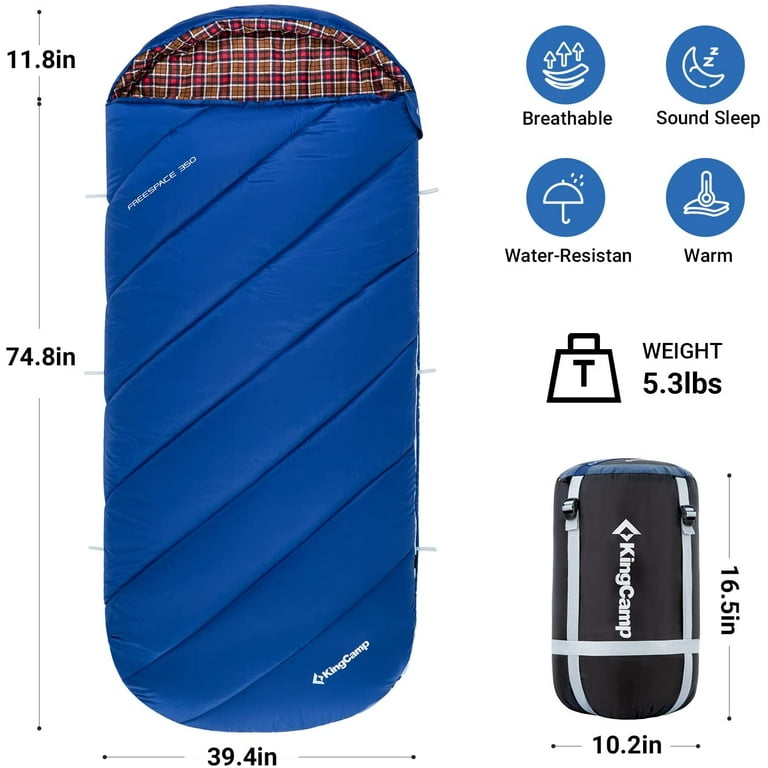 KingCamp XL Adult Sleeping Bag Big Tall Design with Flannel