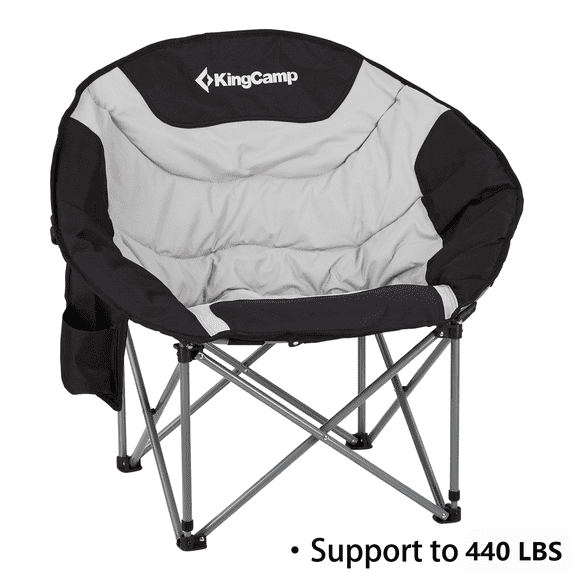 KingCamp Round Camping Chair for Adults, Oversized Outdoor Moon Chair with Side Pocket, Heavy-Duty Padded Folding Lawn Chairs, Supports 440lbs, Black