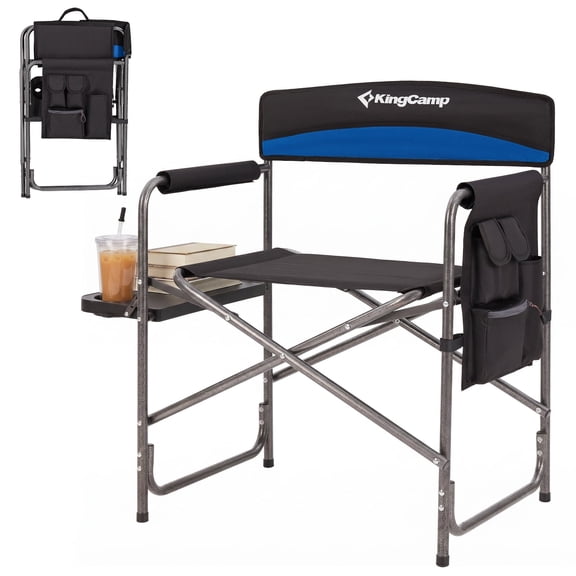 KingCamp Folding Camping Chair Heavy Duty Director Chair with Side Table and Side Pockets for Adult, Blue
