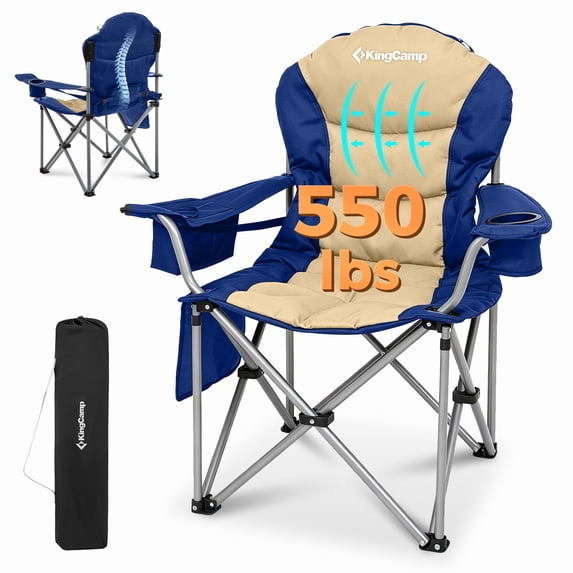 KingCamp Oversized Folding Camping Chairs, Heavy Duty Padded Chairs with Lumbar Support & Cooler Bag, Foldable Outdoor Lawn Chairs, Portable Folding Chairs for Outdoor, Support 353LBS+, Navy