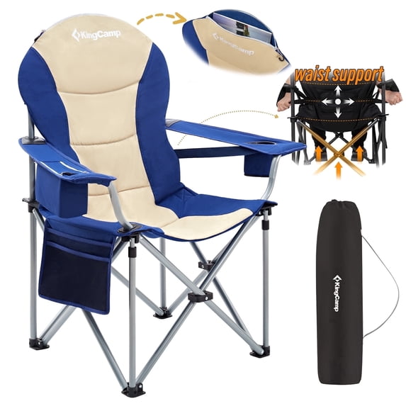 KingCamp Oversized Folding Camping Chairs, Heavy Duty Padded Chairs with Lumbar Support & Cooler Bag, Foldable Outdoor Lawn Chairs, Portable Folding Chairs for Outdoor, Support 353LBS+, Navy