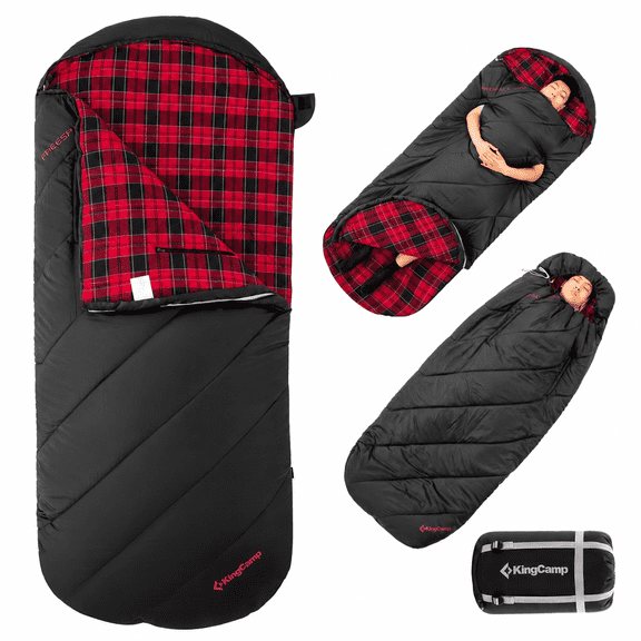 KingCamp Oversized Flannel Sleeping Bag for Adults, Portable Single Sleeping Bags for Camping with Flannel Lining & Armhole , 9°F-44°F, Black