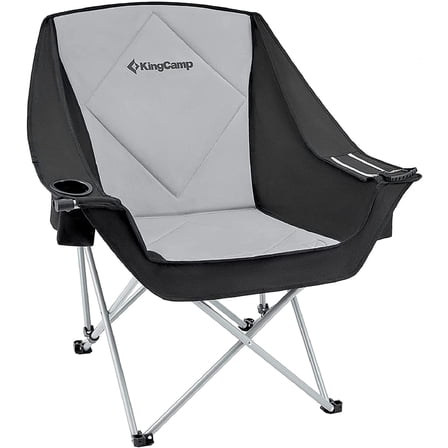 KingCamp Oversized Fully Padded Camping Chair for Adults, Support 330lbs Outdoor Folding Camping Sofa Chair with Pocket, Heavy Duty Folding Round Camping Chair, Black Light Grey