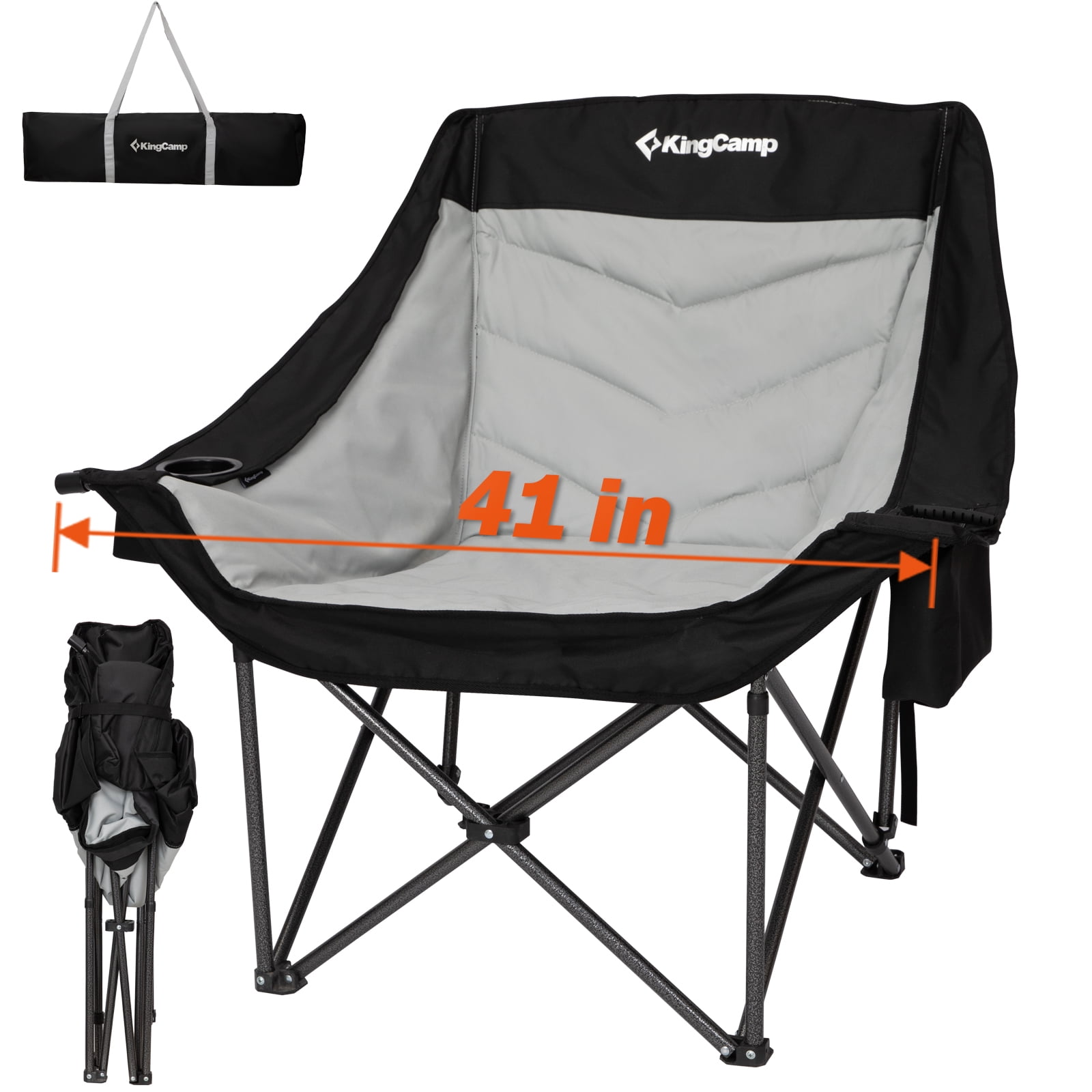 KingCamp Oversized Camping Chair, Fully Padded Camping Chair, XL Portable Chair for Adults, with Side Cup Holder & Side Pocket, Heavy-Duty Lawn Chair, Support 450+lbs, Black Light Grey
