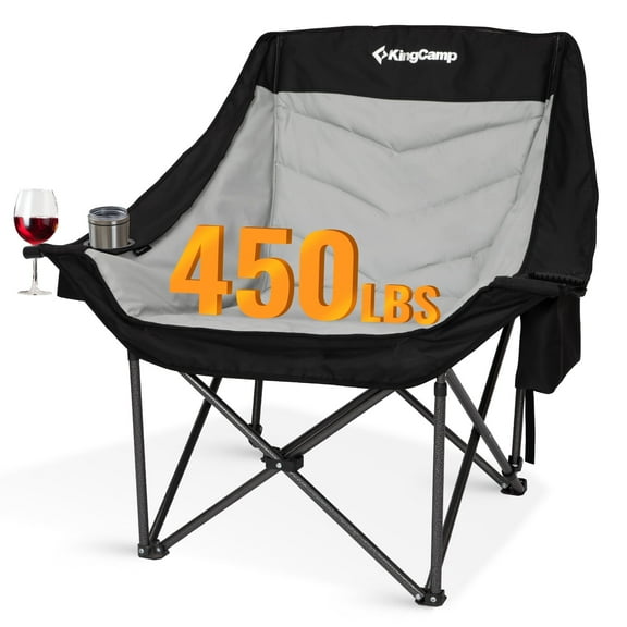 KingCamp Black Grey Oversized Folding Camping Chairs for Adults, Fully Padded Camping Chair Support 450+lbs, Heavy Duty Outdoor Round Camping Sofa Chair with Pocket, Black Light Grey