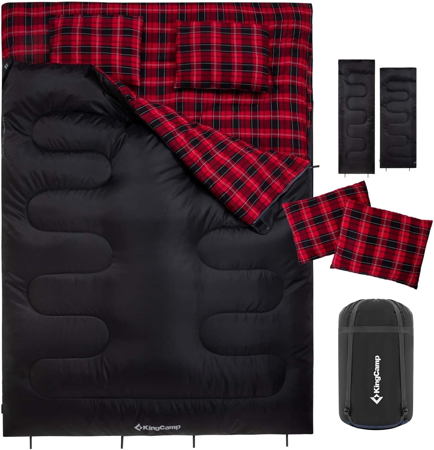 KingCamp Cotton Flannel Queen Size 2 Person Double Sleeping Bags with Pillows for Adult Lightweight Compact Backpacking Camping 20°F for Couples & Family Black