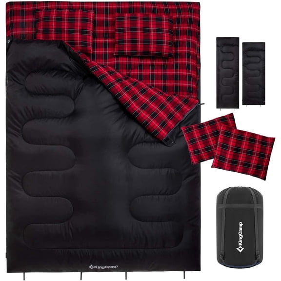 KingCamp Cotton Flannel Queen Size 2 Person Double Sleeping Bags with Pillows for Adult Lightweight Compact Backpacking Camping 20°F for Couples & Family Black