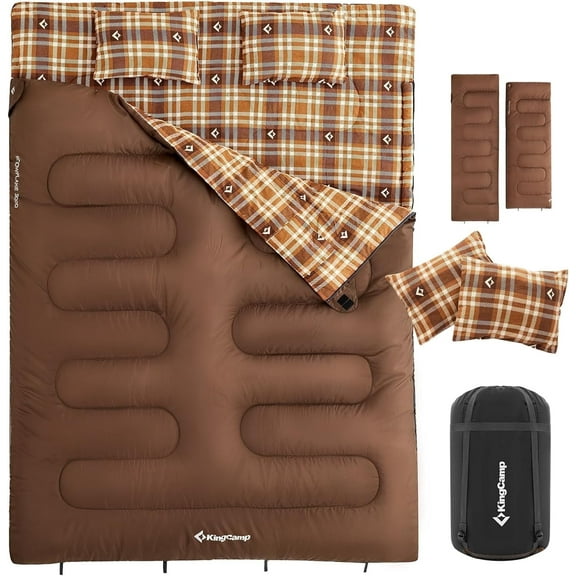 KingCamp Queen Size 2-Person Double Cotton Flannel Sleeping Bag - 8°F-44°F Cold Weather Rating, Lightweight & Compact for Backpacking, Includes Pillows for Couples & Family Camping, 8.8LBS (Coffee)